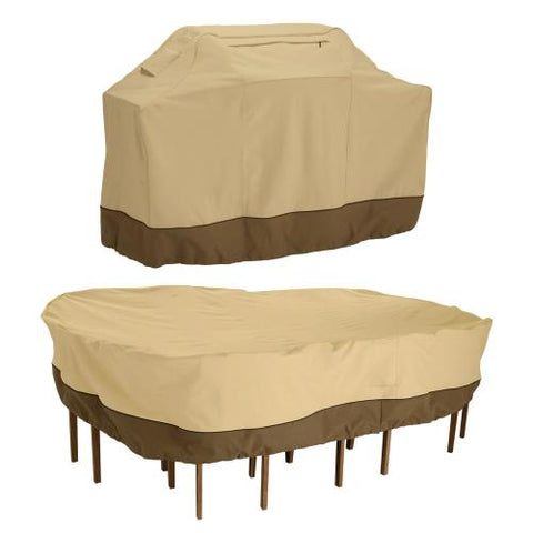 Image of Classic Accessories - 55-923-031503-00 - Veranda - 49 x 60 Inch Medium Grill Cover and Large Rectangular/Oval Patio Table & Chair Set Cover