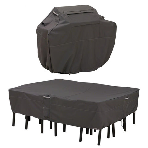 Image of Classic Accessories - 55-927-035103-EC - Ravenna - 49 x 60 Inch Medium Grill Cover and Large Rectangular/Oval Patio Table & Chair Set Cover Bundle